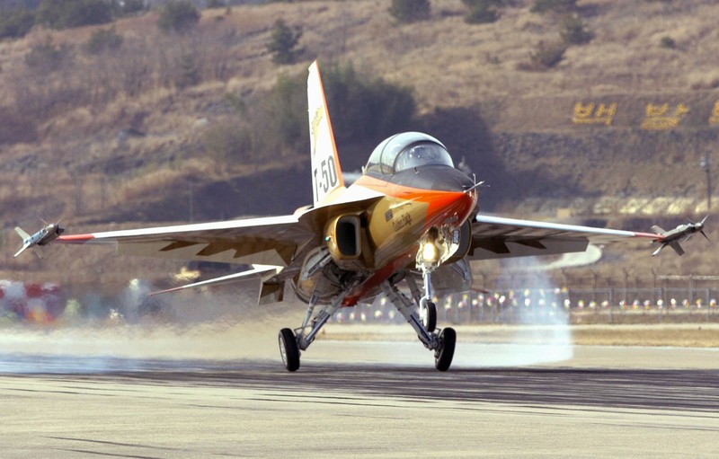 South Korea's first supersonic trainer jet, T-50, performs during Air Power Day at the U.S. airbase in Osan, south of Seoul, South Korea, Sunday, Oct. 12, 2008. The Air Power Day is not only a demonstration of U.S. Air Power, but also the U.S. partnership with the South Korea Air Force. The event was part of an annual ceremony to open the U.S. airbase to South Korean people. (AP Photo/ Lee Jin-man)