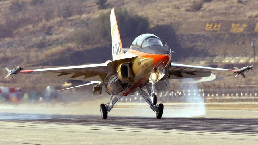 South Korea's first supersonic trainer jet, T-50, performs during Air Power Day at the U.S. airbase in Osan, south of Seoul, South Korea, Sunday, Oct. 12, 2008. The Air Power Day is not only a demonstration of U.S. Air Power, but also the U.S. partnership with the South Korea Air Force. The event was part of an annual ceremony to open the U.S. airbase to South Korean people. (AP Photo/ Lee Jin-man)
