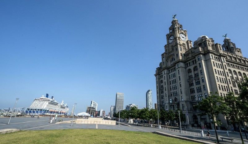 An aerial view of Liverpool waterfront, which has been removed from the World Heritage List Wednesday July 21, 2021.  The UN World Heritage committee found developments including the new Everton soccer stadium threaten the value of the city's waterfront and they have removed the area from the World Heritage List. (Peter Byrne/PA via AP)