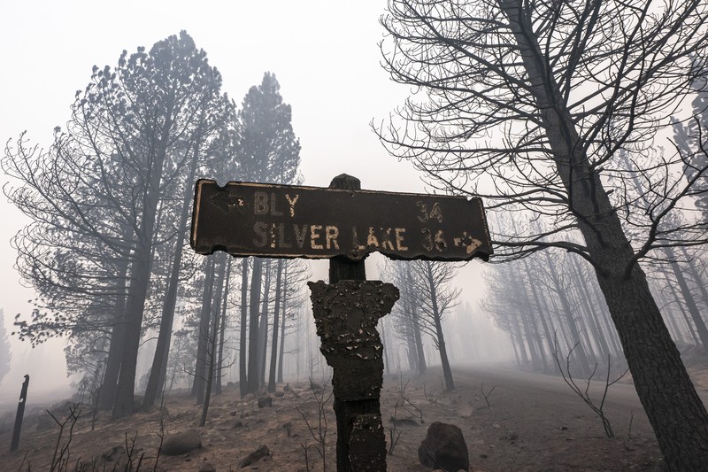 Kebakaran Hutan di Oregon selatan A sign damaged by the Bootleg Fire stands among the haze on Thursday, July 22, 2021, near Paisley, Ore. (AP Photo/Nathan Howard)