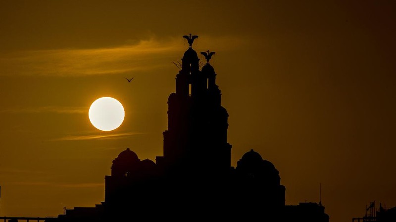 An aerial view of Liverpool waterfront, which has been removed from the World Heritage List Wednesday July 21, 2021.  The UN World Heritage committee found developments including the new Everton soccer stadium threaten the value of the city's waterfront and they have removed the area from the World Heritage List. (Peter Byrne/PA via AP)