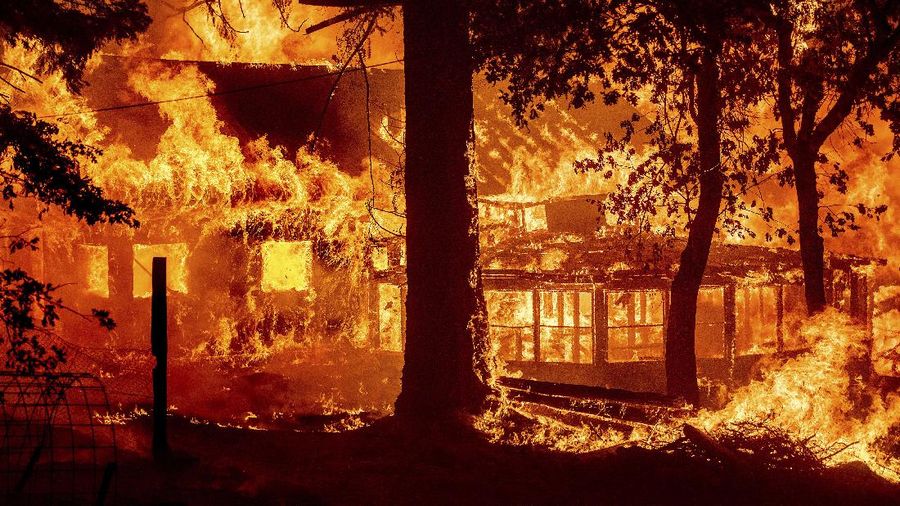 Kebakaran hutan di Plumas County, California Flames from the Dixie Fire consume a home in the Indian Falls community of Plumas County, Calif., Saturday, July 24, 2021. The fire destroyed multiple residences as it tore through the area. (AP Photo/Noah Berger)