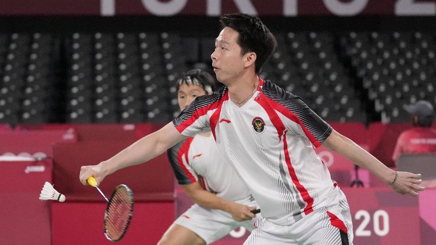 Kevin Sanjaya Sukamuljo dan Marcus Fernaldi Gideon di Olimpiade Tokyo 2020. (AP/Dita Alangkara)