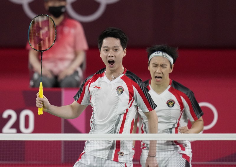 Kevin Sanjaya Sukamuljo dan Marcus Fernaldi Gideon di Olimpiade Tokyo 2020. (AP/Dita Alangkara) Kevin Sanjaya Sukamuljo dan Marcus Fernaldi Gideon di Olimpiade Tokyo 2020. (AP/Dita Alangkara)