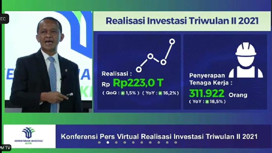 Bahlil Lahadalia dalam acara konferensi pers virtual realisasi Investasi Triwulan II 2021. (Dok: BKPM TV)