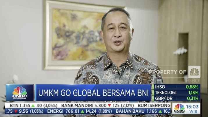 Direktur Utama BNI Royke Tumilaar dalam acara UMKM Go Global Bersama BNI. (Dok: Tangkapan layar CNBC Indonesia TV) Direktur Utama BNI Royke Tumilaar dalam acara UMKM Go Global Bersama BNI. (Dok: Tangkapan layar CNBC Indonesia TV)