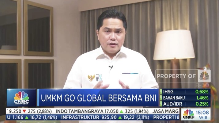Menteri BUMN Erick Thohir dalam acara UMKM Go Global Bersama BNI. (Dok: Tangkapan layar CNBC Indonesia TV) Menteri BUMN Erick Thohir dalam acara UMKM Go Global Bersama BNI. (Dok: Tangkapan layar CNBC Indonesia TV)