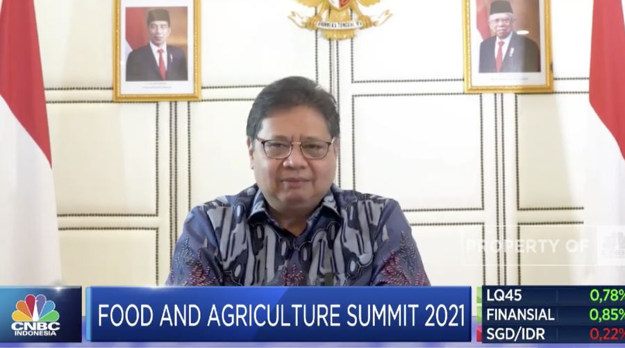 Menko Perekonomian Airlangga Hartarto dalam acara Food and Agriculture Summit 2021 (CNBC Indonesia)