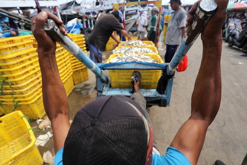 Pekerja mengangkat ikan hasil tangkapan nelayan di Dermaga Muara Angke, Jakarta Utara, Selasa (3/8/2021). Usai tiba di Dermaga Muara Angke, ikan-ikan hasil tangkapan nelayan tersebut lalu ditimbang dan dijual kepada perusahaan pengolahan ikan. (CNBC Indonesia/Andrean Kristianto) Pekerja mengangkat ikan hasil tangkapan nelayan di Dermaga Muara Angke, Jakarta Utara, Selasa (3/8/2021). Usai tiba di Dermaga Muara Angke, ikan-ikan hasil tangkapan nelayan tersebut lalu ditimbang dan dijual kepada perusahaan pengolahan ikan. (CNBC Indonesia/Andrean Kristianto)