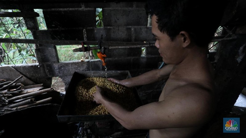Pekerja menyelesaikan pembuatan tahu di Pabrik Tahu kawasanPondok Cabe, Tangerang Selatan, Kamis (5/8/2021).  (CNBC Indonesia/Andrean Kristianto)