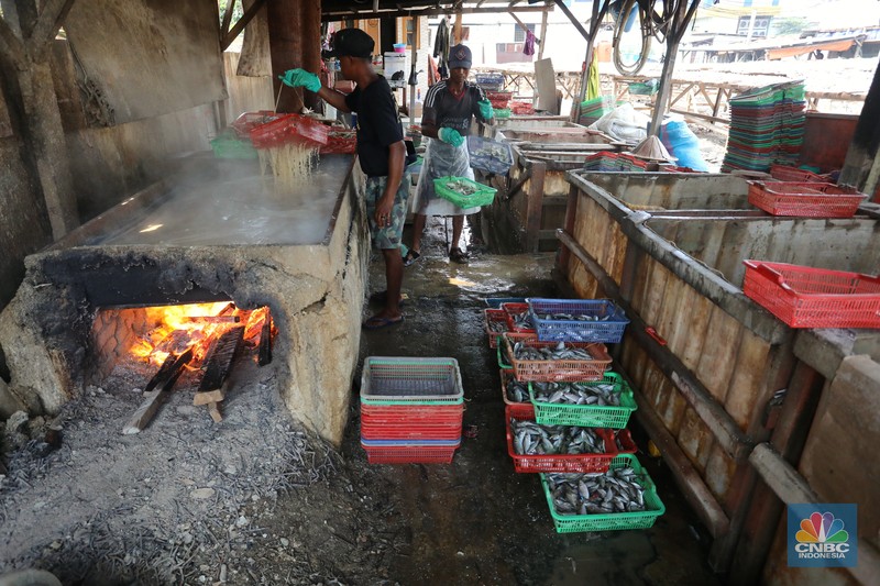 Pekerja menjemur ikan untuk di proses menjadi ikan asin di Muara Angke, Jakarta, Jumat (6/8/2021). (CNBC Indonesia/Andrean Kristianto) Pekerja menjemur ikan untuk di proses menjadi ikan asin di Muara Angke, Jakarta, Jumat (6/8/2021). (CNBC Indonesia/Andrean Kristianto)