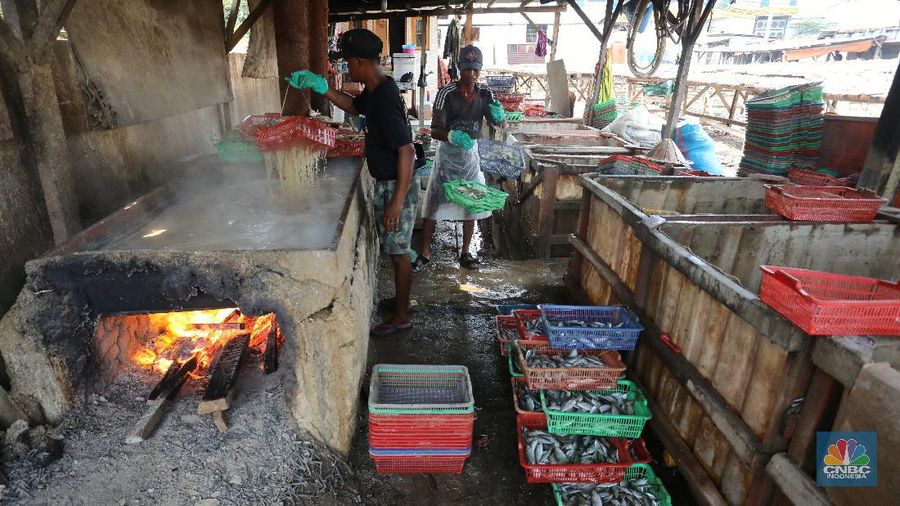 Pekerja menjemur ikan untuk di proses menjadi ikan asin di Muara Angke, Jakarta, Jumat (6/8/2021). (CNBC Indonesia/Andrean Kristianto)
