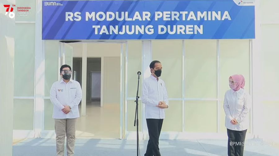 Presiden Joko Widodo Meresmikan Rumah Sakit Modular Pertamina Tanjung Duren, Jakarta, 6 Agustus 2021. (Tangkapan Layar youtube @seketariat Presiden)