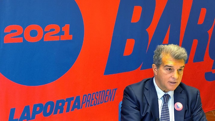 Spain Barcelona Laporta Joan Laporta, former president and pre candidate to presidency of FC Barcelona, speaks during an interview for The Associated Press in Barcelona, Spain, Sunday, Dec. 27, 2020. Laporta is one of a handful of candidates who hope to become Barcelona’s next president in an election called for Jan. 24, and he believes he is the best man to convince Lionel Messi to stay put at Camp Nou. (AP Photo/Hernan Muñoz)