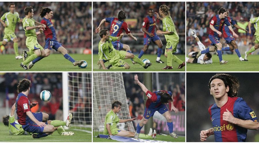 In this combination of six pictures FC Barcelona forward Lionel Messi is seen dashing from his own half past Getafe players before rounding goalkeeper Luis Garcia and scoring from a narrow angle in the 29th minute at the Camp Nou stadium in Barcelona, Spain, Wednesday, April 18, 2007. Messi has drawn further comparisons with Diego Maradona by scoring a near replica of one of the former Argentina captain's most famous goals. Messi emulated Maradona's winner against England in the 1986 World Cup quarterfinals in scoring Barcelona's second goal in a 5-2 win over Getafe in the Copa del Rey semifinals. (AP Photos/Manu Fernandez)