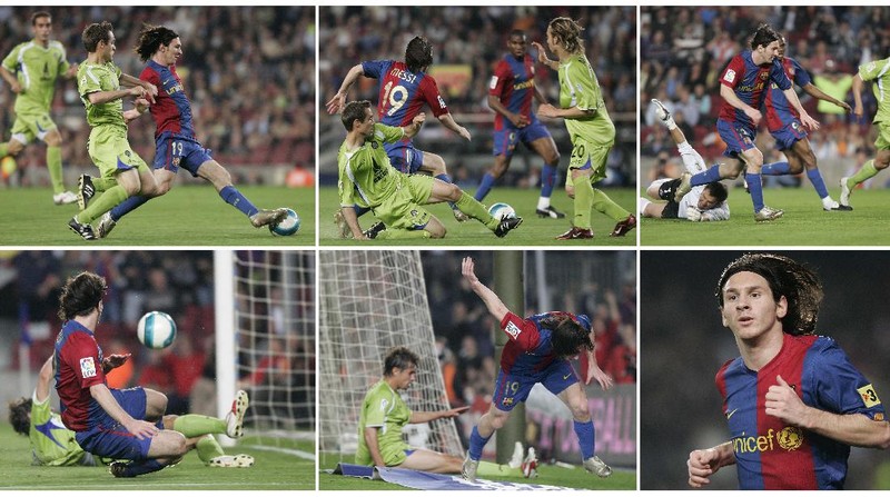 In this combination of six pictures FC Barcelona forward Lionel Messi is seen dashing from his own half past Getafe players before rounding goalkeeper Luis Garcia and scoring from a narrow angle in the 29th minute at the Camp Nou stadium in Barcelona, Spain, Wednesday, April 18, 2007. Messi has drawn further comparisons with Diego Maradona by scoring a near replica of one of the former Argentina captain's most famous goals. Messi emulated Maradona's winner against England in the 1986 World Cup quarterfinals in scoring Barcelona's second goal in a 5-2 win over Getafe in the Copa del Rey semifinals. (AP Photos/Manu Fernandez)