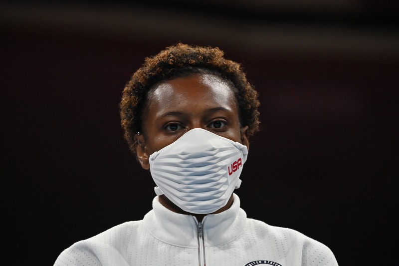 Peraih medali perunggu Oshae Jones, dari Amerika Serikat, saat upacara medali kelas welter 69 kg putri di Olimpiade Musim Panas 2020, Sabtu, 7 Agustus 2021, di Tokyo, Jepang. (Luis Robayo/Foto Kolam Renang via AP) Bronze medal winner Oshae Jones, from the United States, during the women's welterweight 69-kg medal ceremony at the 2020 Summer Olympics, Saturday, Aug. 7, 2021, in Tokyo, Japan. (Luis Robayo/Pool Photo via AP)
