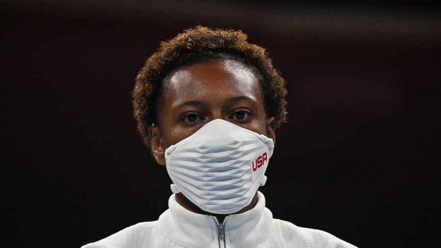 Bronze medal winner Oshae Jones, from the United States, during the women's welterweight 69-kg medal ceremony at the 2020 Summer Olympics, Saturday, Aug. 7, 2021, in Tokyo, Japan. (Luis Robayo/Pool Photo via AP)