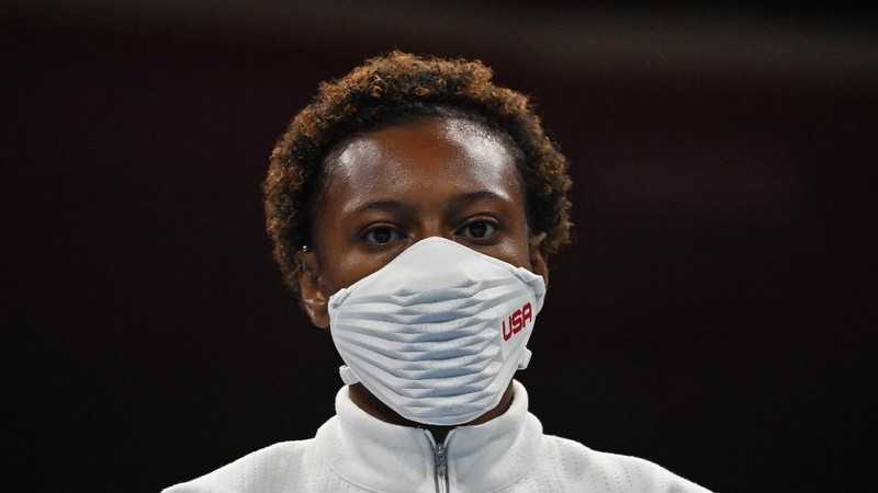 Bronze medal winner Oshae Jones, from the United States, during the women's welterweight 69-kg medal ceremony at the 2020 Summer Olympics, Saturday, Aug. 7, 2021, in Tokyo, Japan. (Luis Robayo/Pool Photo via AP)