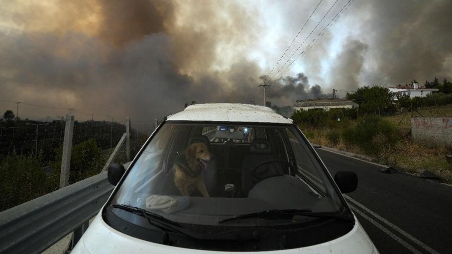 Flames burn on the mountain near Limni village on the island of Evia, about 160 kilometers (100 miles) north of Athens, Greece, Tuesday, Aug. 3, 2021. Greece Tuesday grappled with the worst heatwave in decades that strained the national power supply and fueled wildfires near Athens and elsewhere in southern Greece. As the heat wave scorching the eastern Mediterranean intensified, temperatures reached 42 degrees Celsius (107.6 Fahrenheit) in parts of the Greek capital. (AP Photo/Michael Pappas)