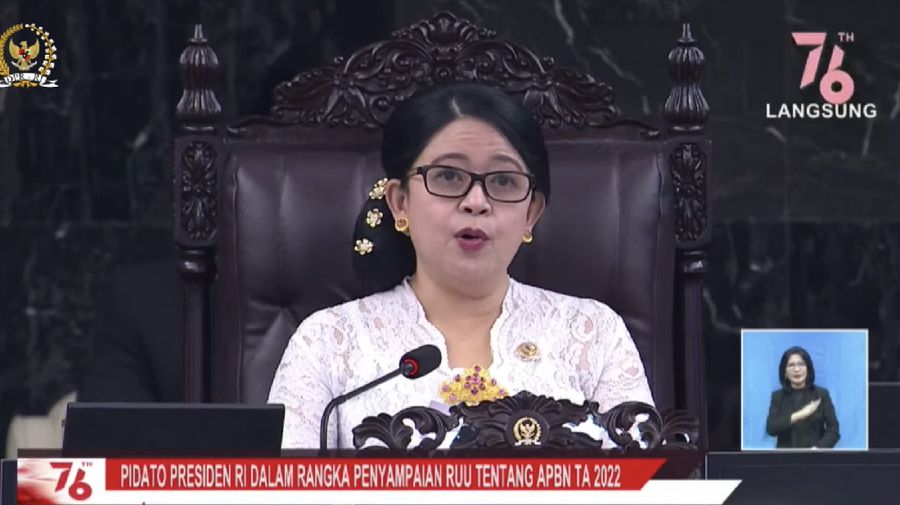 Ketua DPR RI Puan Maharani pada sidang tahunan MPR RI dan sidang bersama DPR RI-DPD RI. (Tangkapan layar youtube DPR RI)