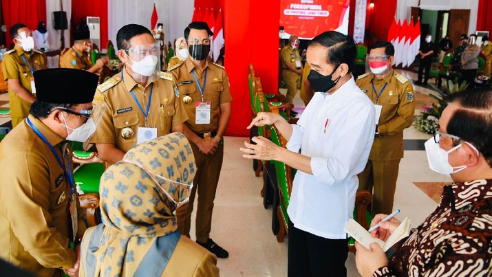 Presiden Joko Widodo mengingatkan seluruh unsur Forum Koordinasi Pimpinan Daerah (Forkopimda) se-Provinsi Jawa Timur untuk tetap berhati-hati dan waspada meskipun angka kasus aktif Covid-19. (Dok: Biro Pers Sekretariat Presiden)