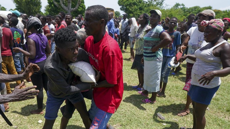 Korban gempa Haiti berebut sembako saat bantuan datang. (AP/Fernando Llano)