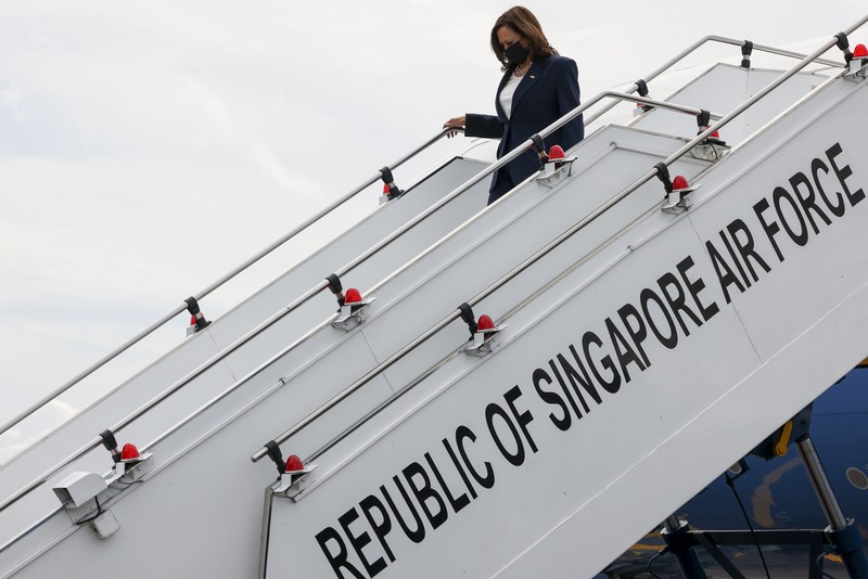U.S. Vice President Kamala Harris arrives in Singapore Sunday, Aug. 22, 2021. Harris is on a tour of Southeast Asia, where she will attempt to reassure allies of American resolve following the chaotic end of a two-decade war. (Evelyn Hockstein/Pool Photo via AP)