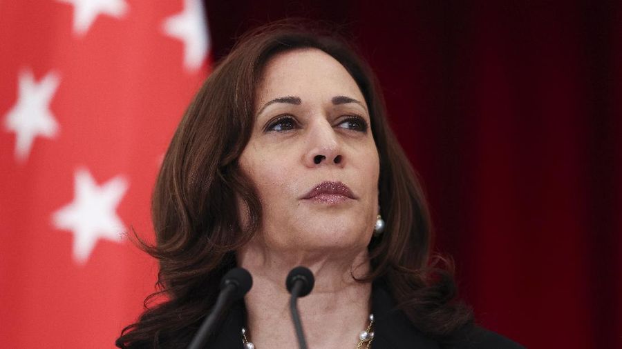 U.S. Vice President Kamala Harris attends a joint news conference with Singapore's Prime Minister Lee Hsien Loong in Singapore Monday, Aug. 23, 2021. (Evelyn Hockstein/Pool Photo via AP)