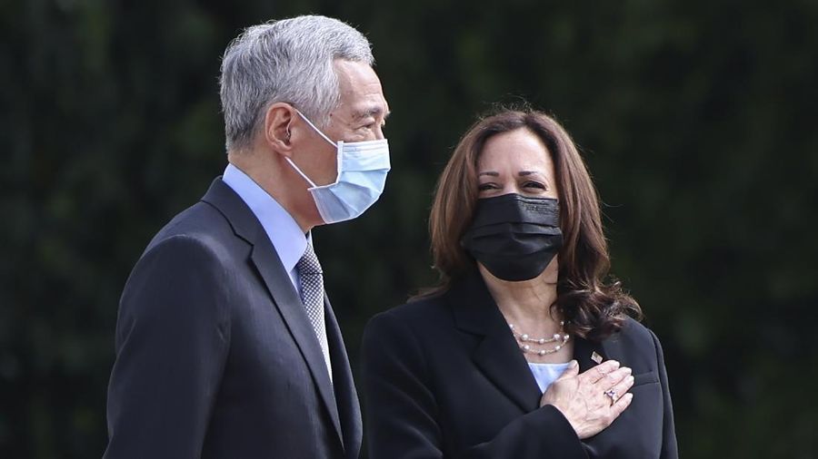 U.S. Vice President Kamala Harris arrives in Singapore Sunday, Aug. 22, 2021. Harris is on a tour of Southeast Asia, where she will attempt to reassure allies of American resolve following the chaotic end of a two-decade war. (Evelyn Hockstein/Pool Photo via AP)
