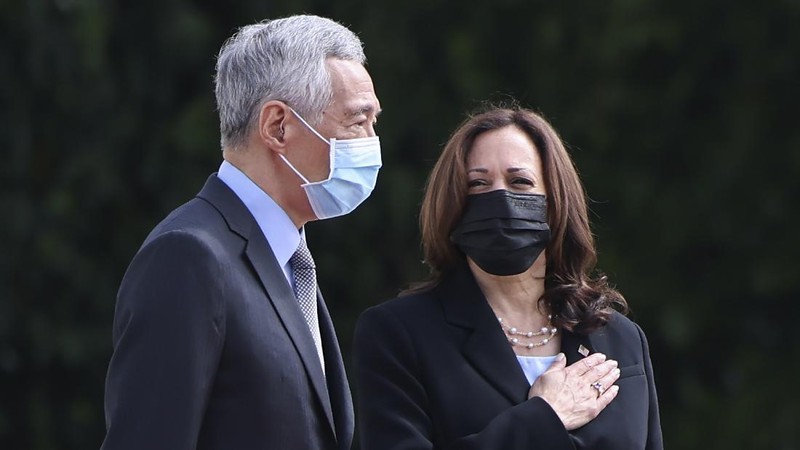 U.S. Vice President Kamala Harris arrives in Singapore Sunday, Aug. 22, 2021. Harris is on a tour of Southeast Asia, where she will attempt to reassure allies of American resolve following the chaotic end of a two-decade war. (Evelyn Hockstein/Pool Photo via AP)
