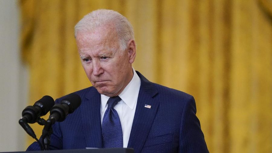 President Joe Biden speaks about the bombings at the Kabul airport that killed at least 12 U.S. service members, from the East Room of the White House, Thursday, Aug. 26, 2021, in Washington. (AP Photo/Evan Vucci)