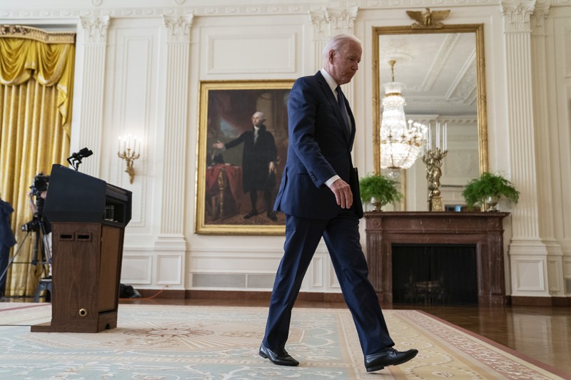 President Joe Biden speaks about the bombings at the Kabul airport that killed at least 12 U.S. service members, from the East Room of the White House, Thursday, Aug. 26, 2021, in Washington. (AP Photo/Evan Vucci)