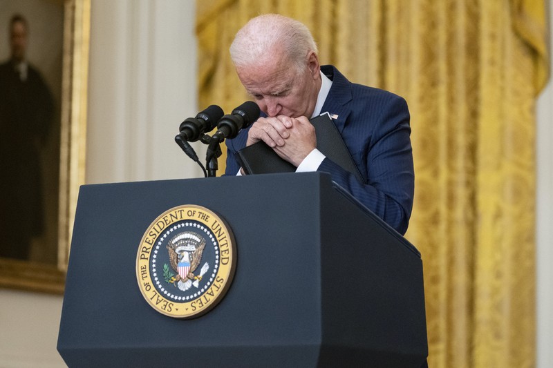 President Joe Biden speaks about the bombings at the Kabul airport that killed at least 12 U.S. service members, from the East Room of the White House, Thursday, Aug. 26, 2021, in Washington. (AP Photo/Evan Vucci)