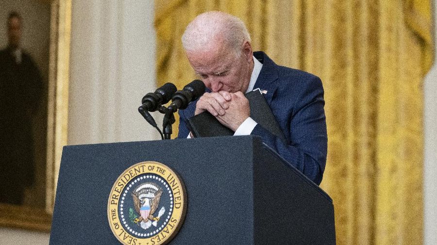 President Joe Biden speaks about the bombings at the Kabul airport that killed at least 12 U.S. service members, from the East Room of the White House, Thursday, Aug. 26, 2021, in Washington. (AP Photo/Evan Vucci)