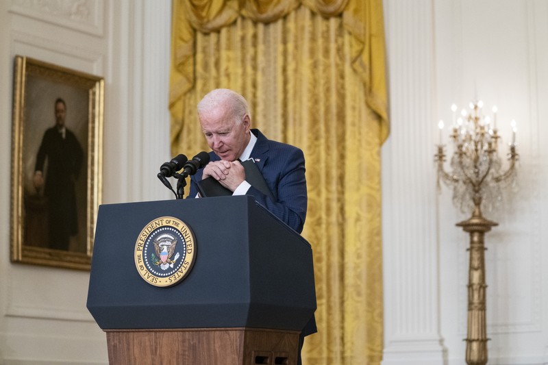 President Joe Biden speaks about the bombings at the Kabul airport that killed at least 12 U.S. service members, from the East Room of the White House, Thursday, Aug. 26, 2021, in Washington. (AP Photo/Evan Vucci)