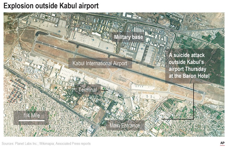 Ledakan di Luar Bandara Kabul, Afghanistan Smoke rises from a deadly explosion outside the airport in Kabul, Afghanistan, Thursday, Aug. 26, 2021. Two suicide bombers and gunmen have targeted crowds massing near the Kabul airport, in the waning days of a massive airlift that has drawn thousands of people seeking to flee the Taliban takeover of Afghanistan. (AP Photo/Wali Sabawoon)