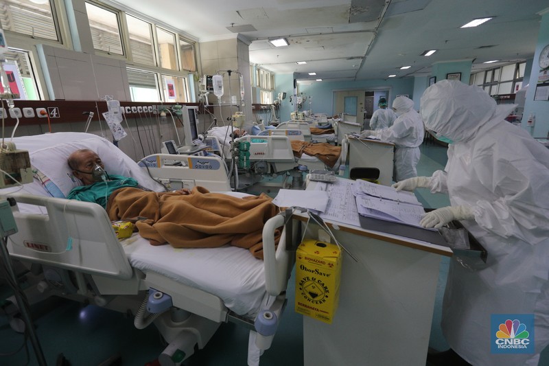Petugas kesehatan memeriksa pasien Covid-19 diruangan Instalasi Gawat Darurat (IGD) di RSUD Koja, Jakarta, Senin (30/8/2021). Jumlah pasien Covid-19 yang dirawat di RSUD Koja terus menurun dengan peningkatan pasien sembuh.  
Diruangan IGD hanya ada tiga pasien Covid-19 yang sedang ditangani lebih lanjut.  
Di ruangan bayi terisi dua bayi berada didalam inkubator dengan penanganan khusus dari para nakes.
Berdasarkan data Kementerian Kesehatan (Kemenkes) kasus konfirmasi positif Covid-19 di tanah air hari ini bertambah 5.436 kasus, menurun dibandingkan dengan sehari sebelumnya 7.427 kasus. 
Dengan pertambahan ini maka total kasus konfirmasi positif Covid-19 di Indonesia mencapai 4,079 juta.
Sementara, jumlah pasien sembuh bertambah 19.398 orang pada hari ini, sehingga total kasus sembuh menjadi 3.743.716. (CNBC Indonesia/ Tri Susilo)