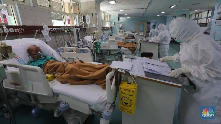 Petugas kesehatan memeriksa pasien Covid-19 diruangan Instalasi Gawat Darurat (IGD) di RSUD Koja, Jakarta, Senin (30/8/2021). Jumlah pasien Covid-19 yang dirawat di RSUD Koja terus menurun dengan peningkatan pasien sembuh.  
Diruangan IGD hanya ada tiga pasien Covid-19 yang sedang ditangani lebih lanjut.  
Di ruangan bayi terisi dua bayi berada didalam inkubator dengan penanganan khusus dari para nakes.
Berdasarkan data Kementerian Kesehatan (Kemenkes) kasus konfirmasi positif Covid-19 di tanah air hari ini bertambah 5.436 kasus, menurun dibandingkan dengan sehari sebelumnya 7.427 kasus. 
Dengan pertambahan ini maka total kasus konfirmasi positif Covid-19 di Indonesia mencapai 4,079 juta.
Sementara, jumlah pasien sembuh bertambah 19.398 orang pada hari ini, sehingga total kasus sembuh menjadi 3.743.716. (CNBC Indonesia/ Tri Susilo)
