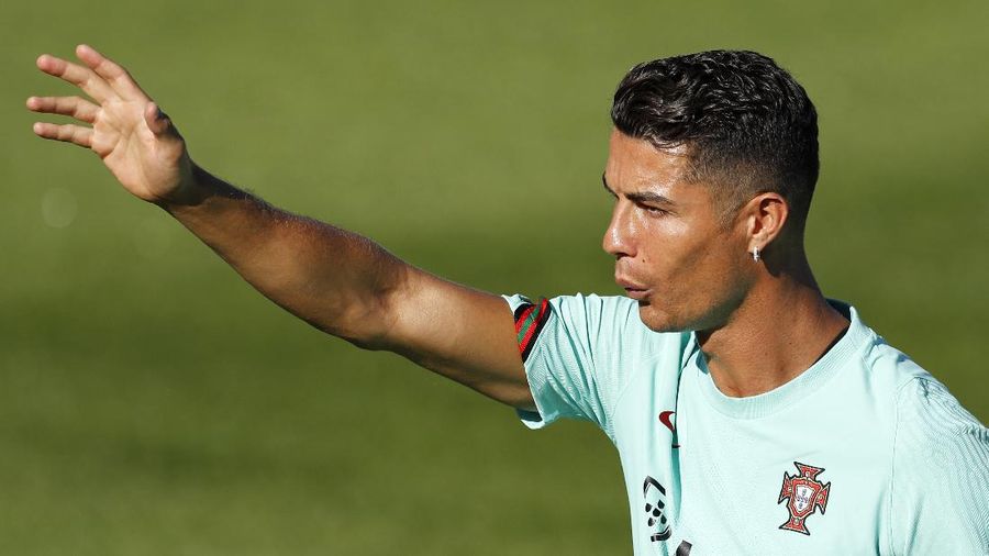 Portugal's Cristiano Ronaldo gestures during a training session in Oeiras, Portugal, Monday, Aug. 30, 2021. Portugal will play Ireland on Wednesday in a Qatar 2022 World Cup qualifying match. (AP Photo/Armando Franca)