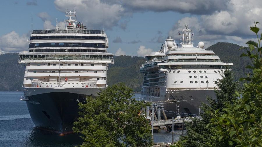 Cruise ships dock at the Halibut Point Marine deepwater dock in Sitka, Alaska, on July 28, 2021. Sitka could see nearly a half-million cruise ship visitors next year after a new docking agreement was announced with Royal Caribbean Cruises Ltd. The deal between the cruise line and Sitka Sound Cruise Terminal came Tuesday, Aug. 18, 2021, as one of the world's largest cruise ships arrived, the Daily Sitka Sentinel reported. (James Poulson/The Daily Sitka Sentinel via AP)