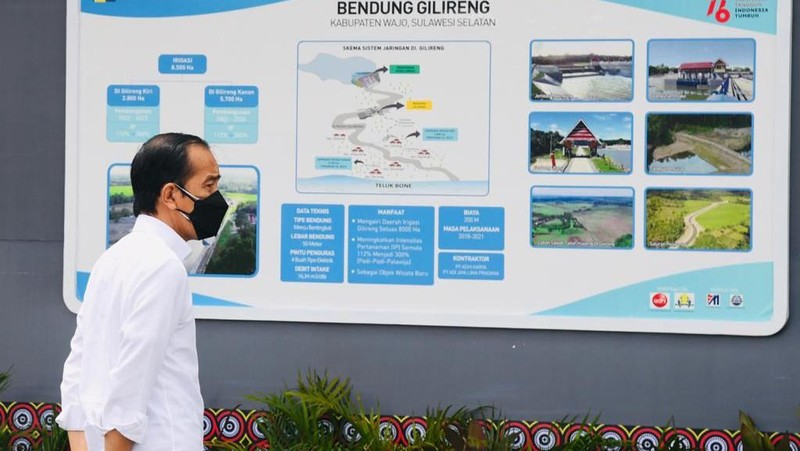 Jokowi resmikan Bendung Gilireng, Kabupaten Wajo, (9/9/2021). (Dok: Biro Pers Sekretariat Presiden)