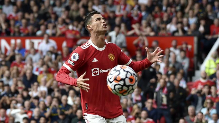Manchester United's Cristiano Ronaldo reacts during the English Premier League soccer match between Manchester United and Newcastle United at Old Trafford stadium in Manchester, England, Saturday, Sept. 11, 2021. (AP Photo/Rui Vieira)