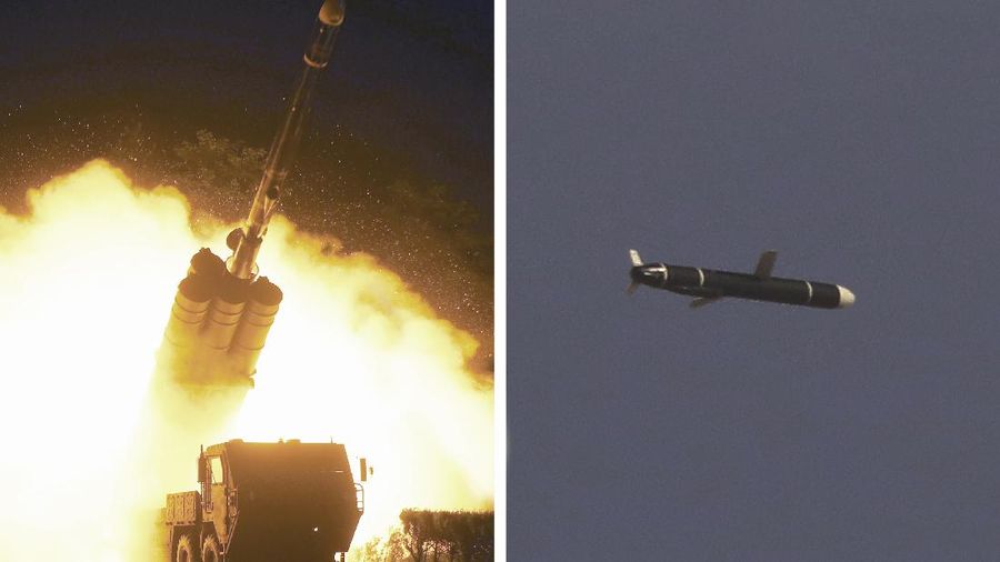 This combination of photos provided by the North Korean government on Monday, Sept. 13, 2021, shows long-range cruise missiles tests held on Sept. 11 -12, 2021 in an undisclosed location of North Korea. North Korea says it successfully test fired what it described as newly developed long-range cruise missiles over the weekend, its first known testing activity in months that underscored how it continues to expand its military capabilities amid a stalemate in nuclear negotiations with the United States. Independent journalists were not given access to cover the event depicted in this image distributed by the North Korean government. The content of this image is as provided and cannot be independently verified. Korean language watermark on image as provided by source reads: 