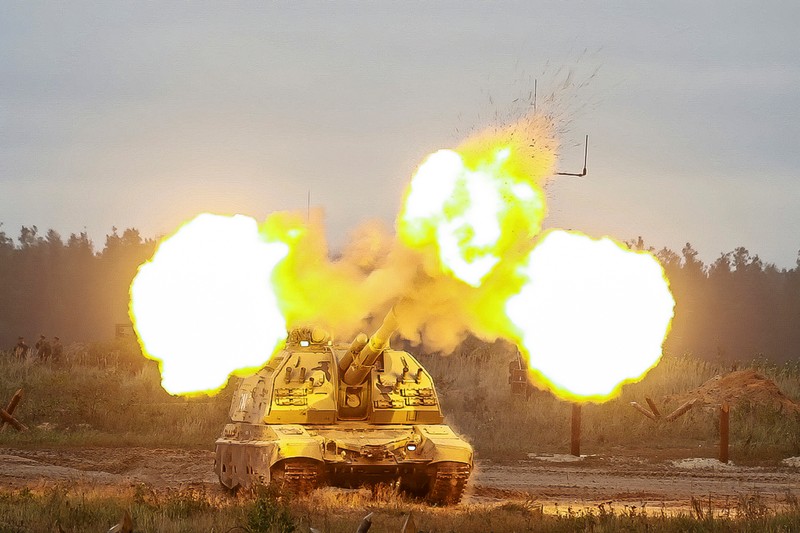 Russian MI-24 attack helicopters fire rockets during the active phase of the military exercises 