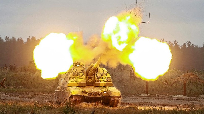 Russian MI-24 attack helicopters fire rockets during the active phase of the military exercises 