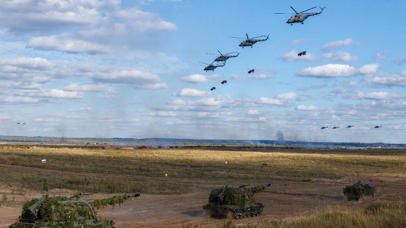 Russian MI-24 attack helicopters fire rockets during the active phase of the military exercises 