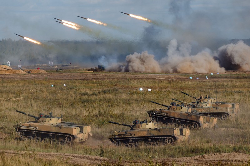 Russian MI-24 attack helicopters fire rockets during the active phase of the military exercises 