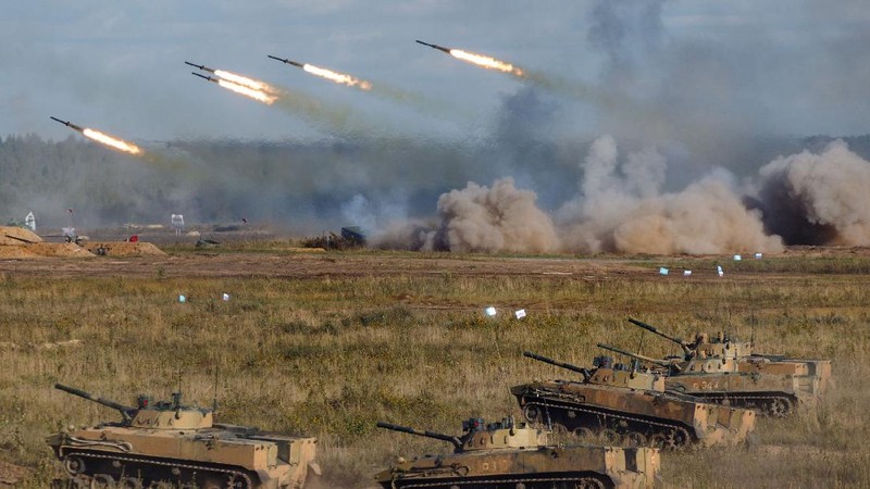 Russian MI-24 attack helicopters fire rockets during the active phase of the military exercises 