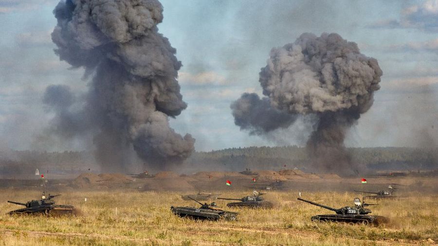 Russian MI-24 attack helicopters fire rockets during the active phase of the military exercises 
